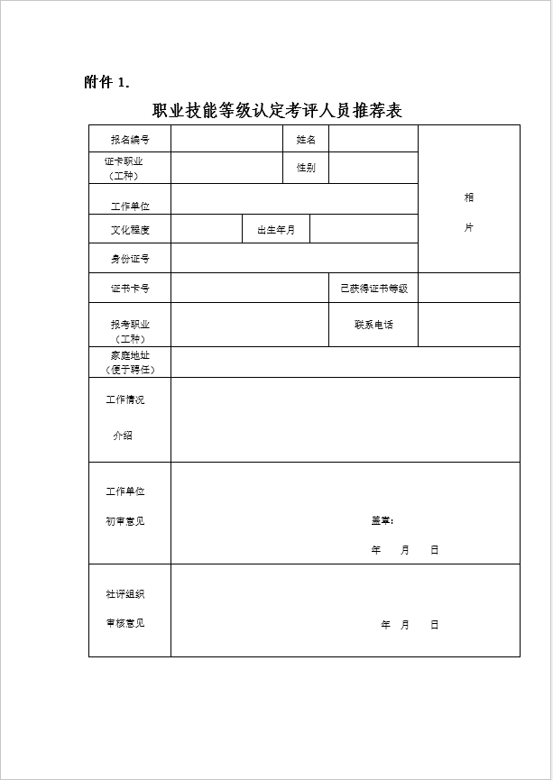 职业技能等级认定考评人员资格推荐表